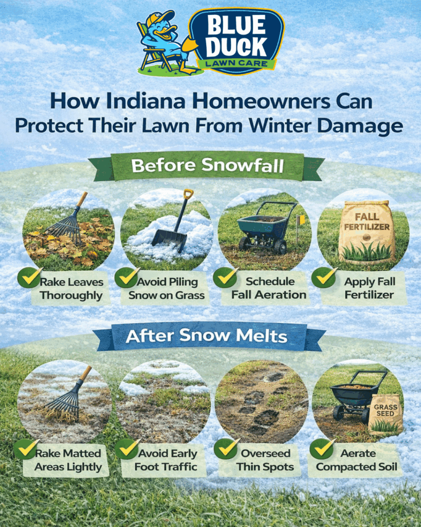 Protecting your lawn from winter damage starts before the snow falls and continues into early spring. Follow these steps to help your Indiana lawn recover strong and healthy by Blue Duck Lawn Care.