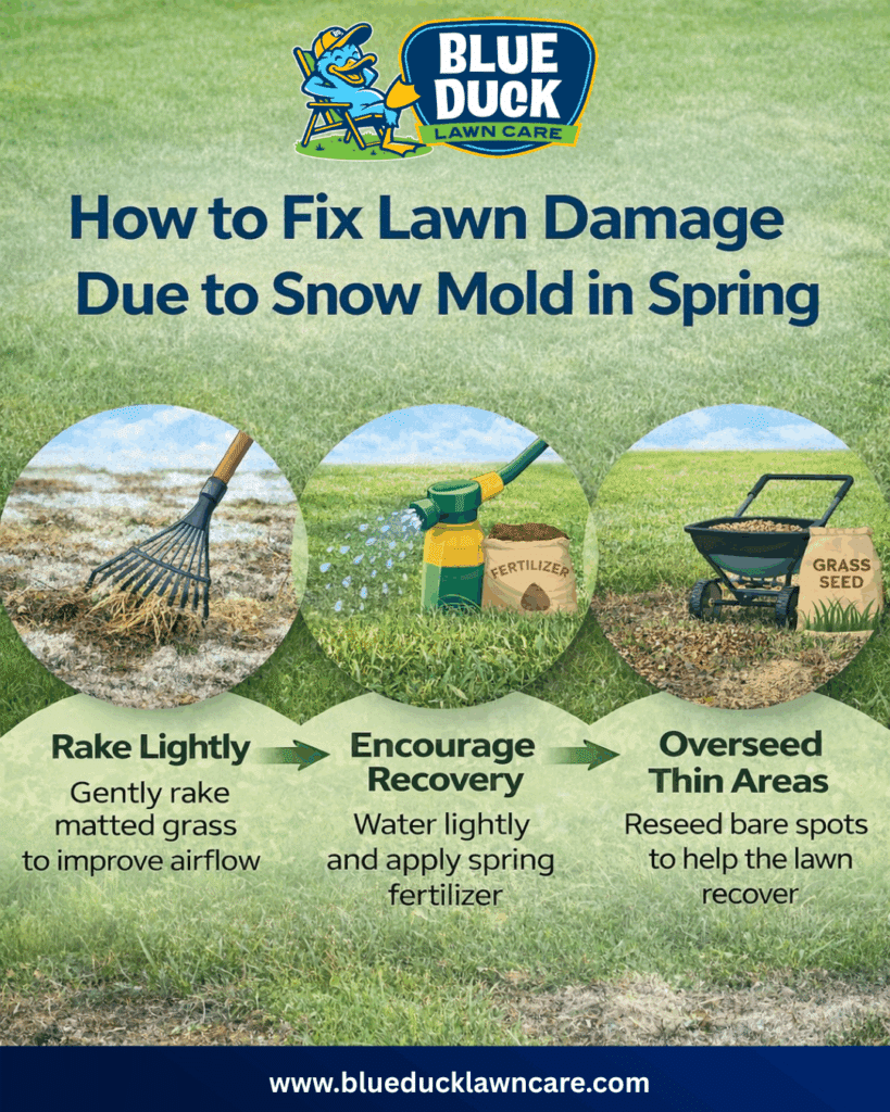 Infographic explaining how to fix lawn damage caused by snow mold in spring, showing three steps: raking lightly to improve airflow, watering and applying spring fertilizer to encourage recovery, and overseeding thin or bare areas. Includes the Blue Duck Lawn Care logo and website.