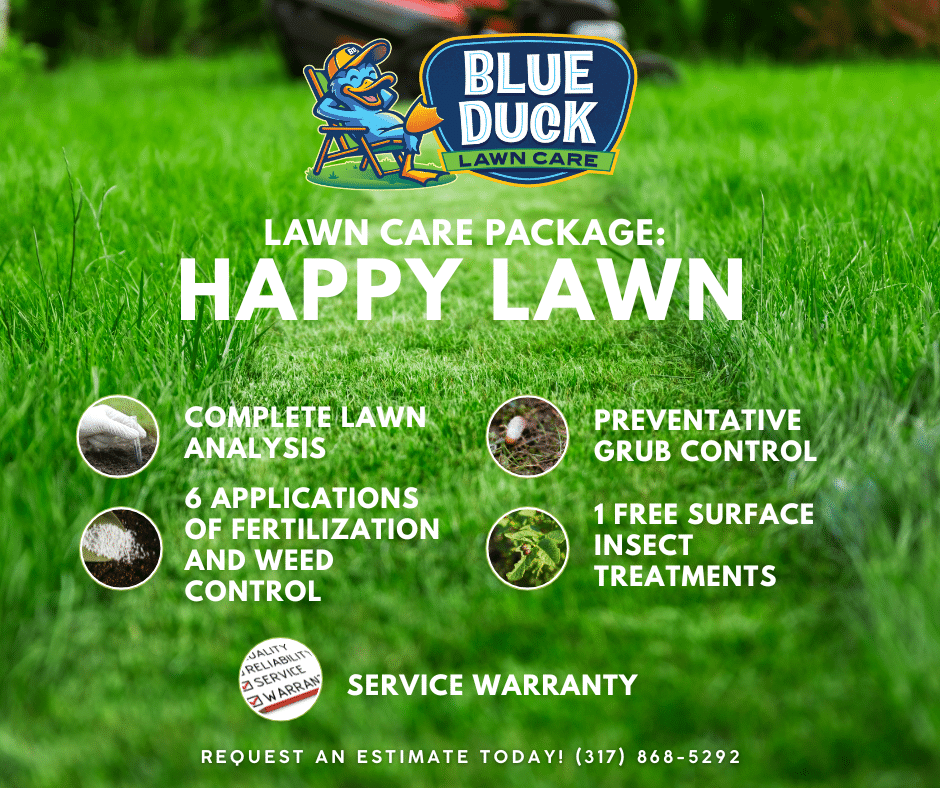 The Happy Lawn care package deal from Blue Duck Lawn Care in Indiana, detailing complete lawn analysis, 6 fertilizations, weed control, grub prevention, and insect treatments.