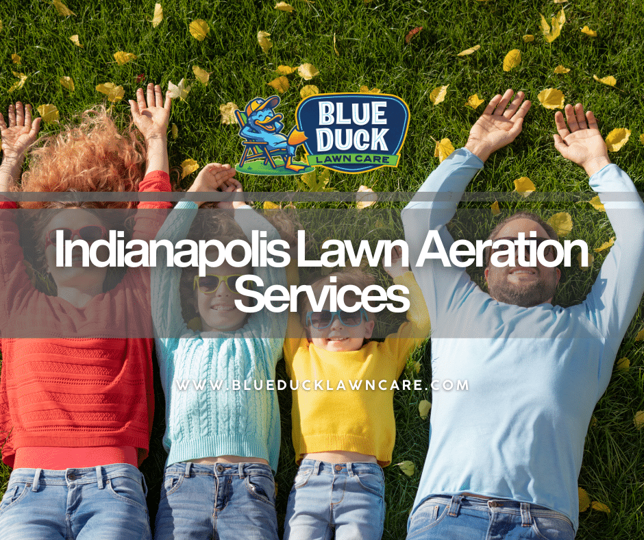 A happy family relaxing together on a thick, healthy, green lawn after professional Indianapolis lawn aeration services by Blue Duck Lawn Care.