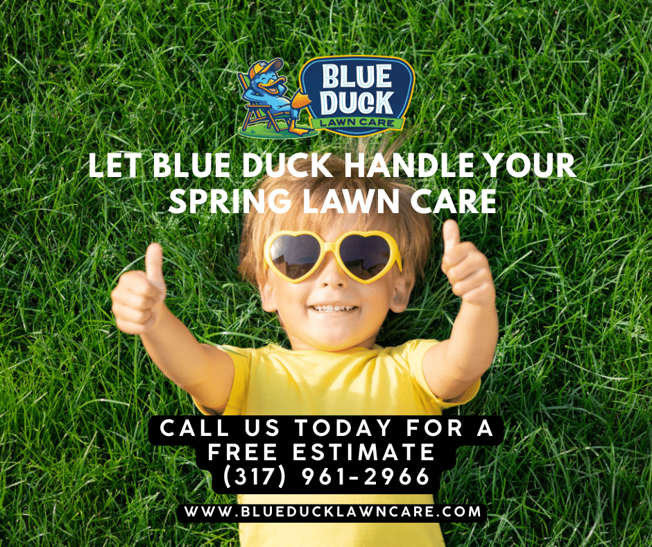 A happy child lying on a thick, green, and healthy Indianapolis lawn, made possible by Blue Duck Lawn Care completing essential spring lawn care tasks.
