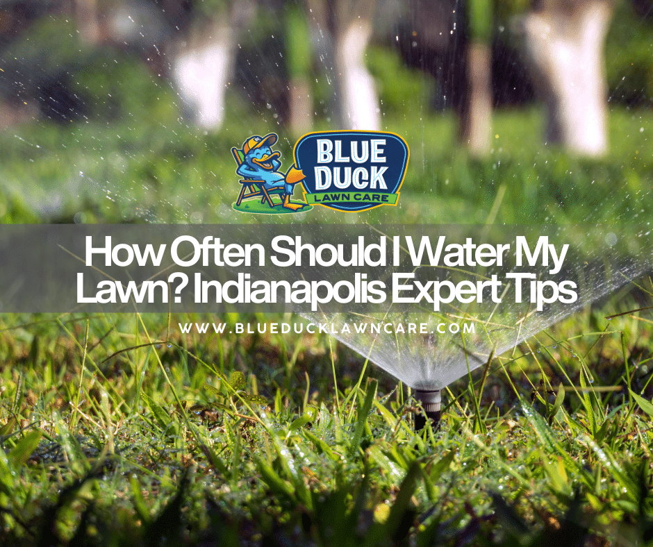 Sprinkler watering deep green grass answering how often should I water my lawn for Indianapolis homeowners by Blue Duck Lawn Care Expert.