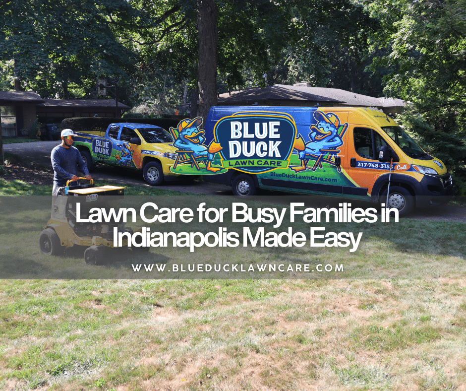 Blue Duck Lawn Care technician handling lawn care for busy families in Indianapolis.