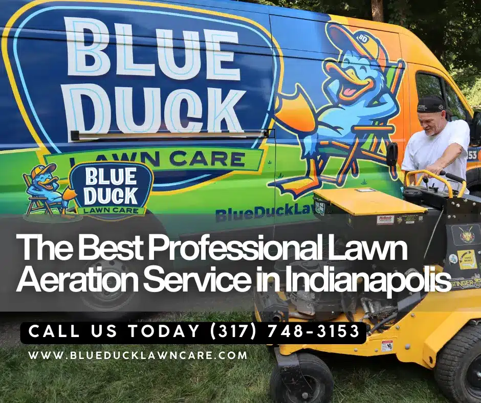 Commercial-grade aeration equipment in action showing what lawn aeration cost includes from Blue Duck Lawn Care in Indianapolis.