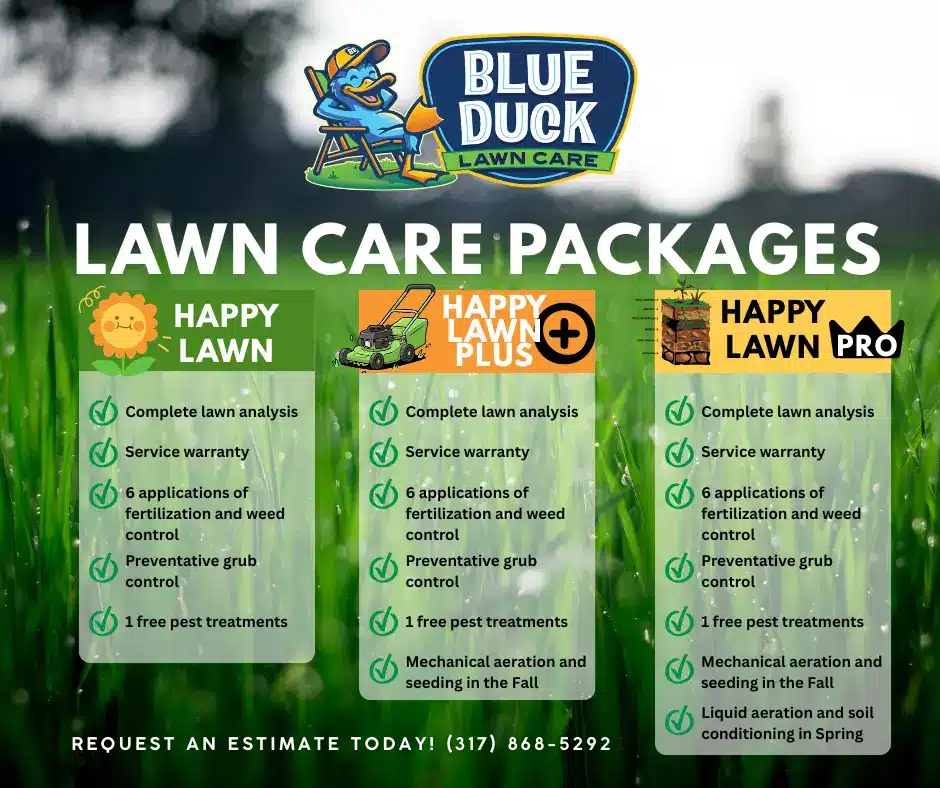 Lawn care packages for Indianapolis families that save money by bundling lawn aeration service fertilization and seeding with Blue Duck Lawn Care.
