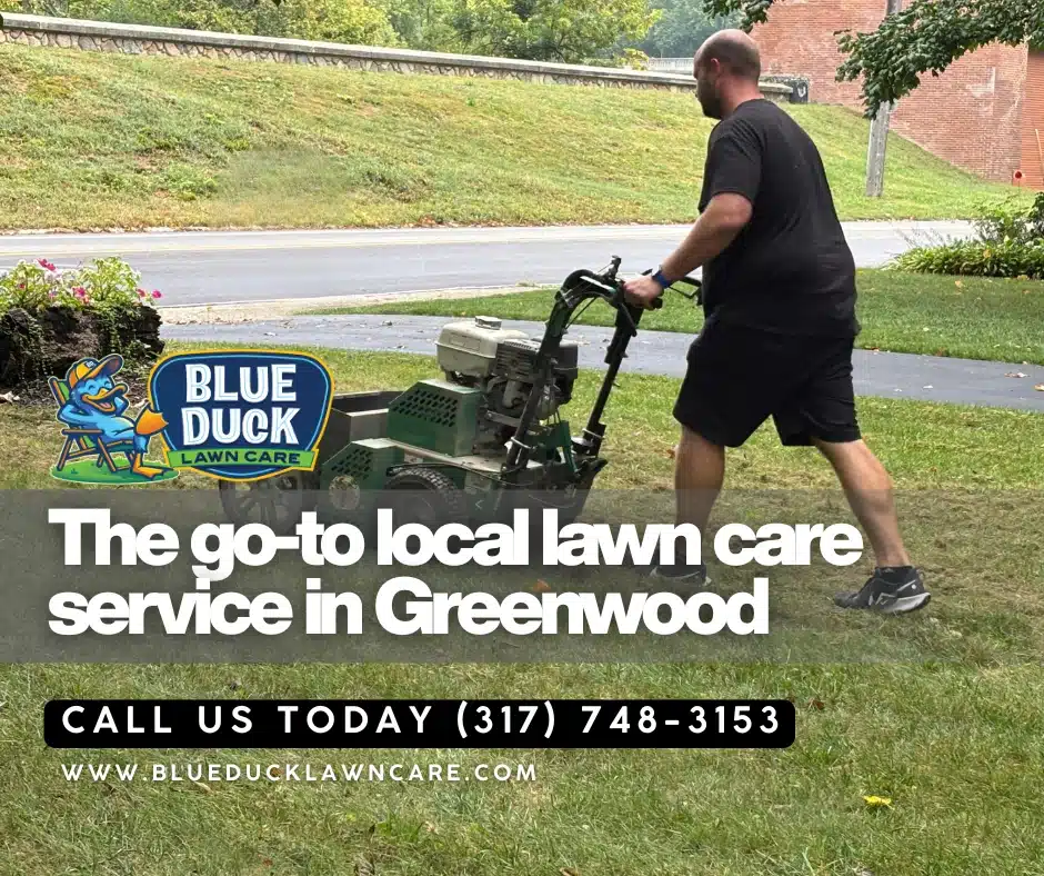 Slice seeding equipment in use by Blue Duck Lawn Care technician complementing aeration service Greenwood lawns for healthier and greener grass.