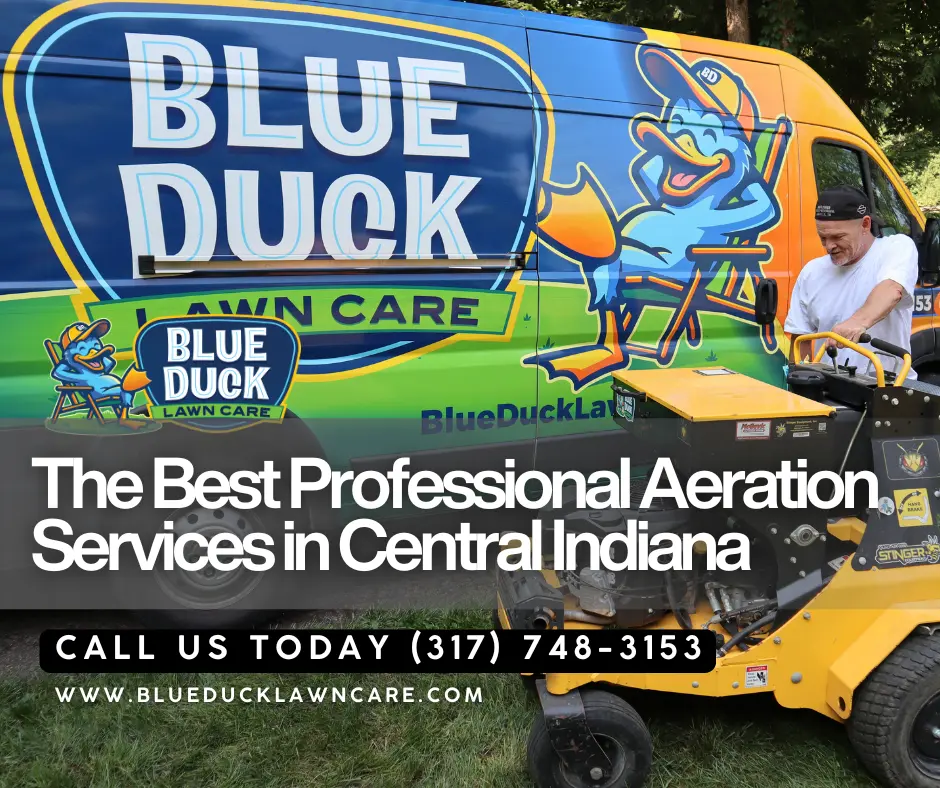 Blue Duck technician operating core aerator with company vehicle behind him fixing compacted soil for Indianapolis lawn