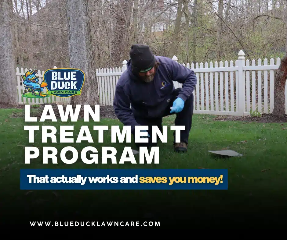 Blue Duck Lawn Care technician applying lawn treatment program to compacted clay soil for new Indianapolis home.