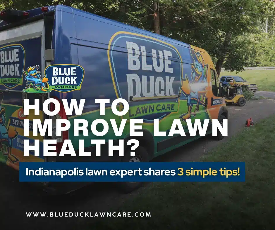 Blue Duck Lawn Care vehicle parked near lawn ready to improve lawn health with expert fertilization and aeration services in Indianapolis and surrounding communities.
