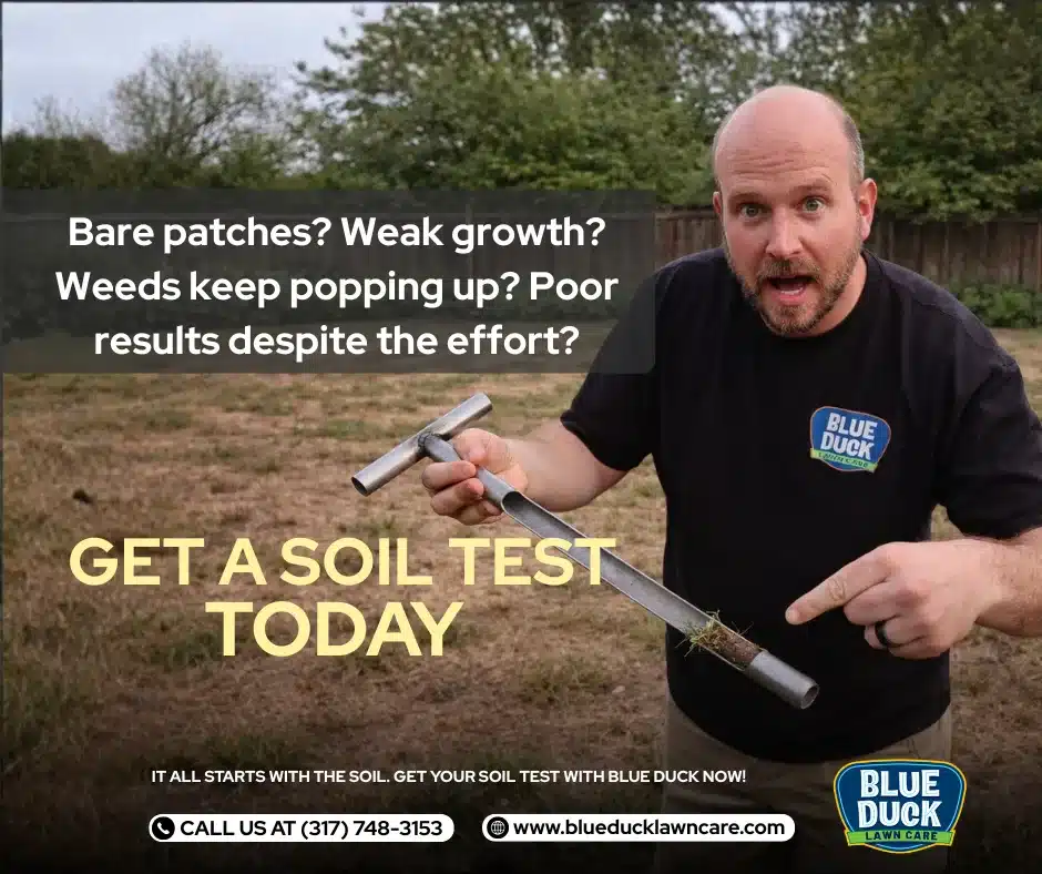 Blue Duck technician promoting soil test and lawn care service cost transparency for Central Indiana homeowners.