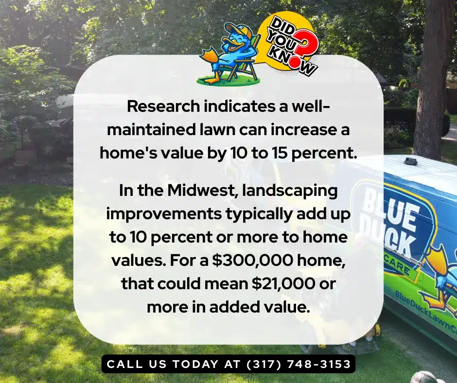 Beautiful Indianapolis home with lush lawn showing importance of lawn care for increasing property value by 10-15%.
