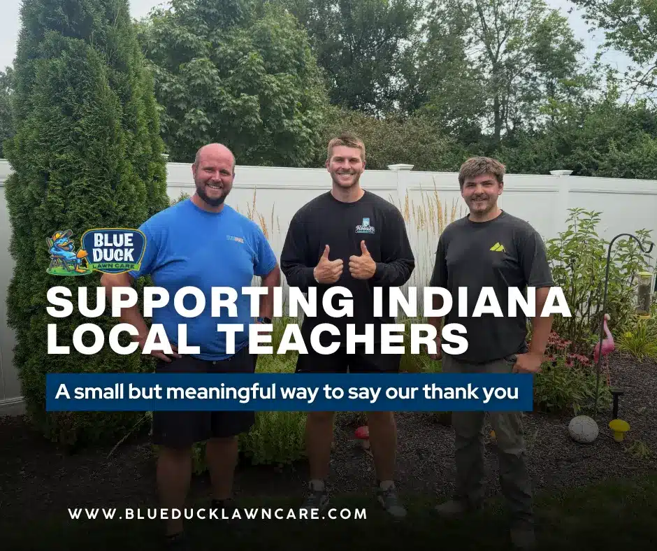 Blue Duck Lawn Care CEO and community partners giving back to educators by supporting Indiana local teachers during a giveaway event in Greenfield, Central Indiana.