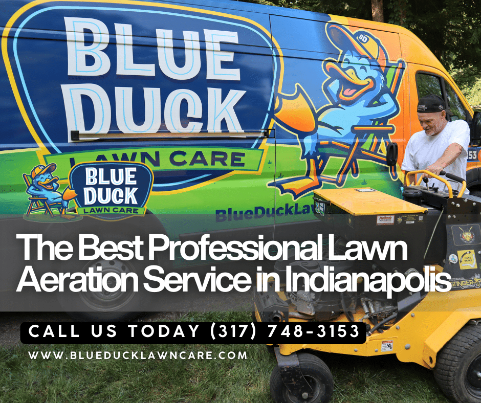 Commercial-grade aeration equipment in action showing what lawn aeration cost includes from Blue Duck Lawn Care in Indianapolis.