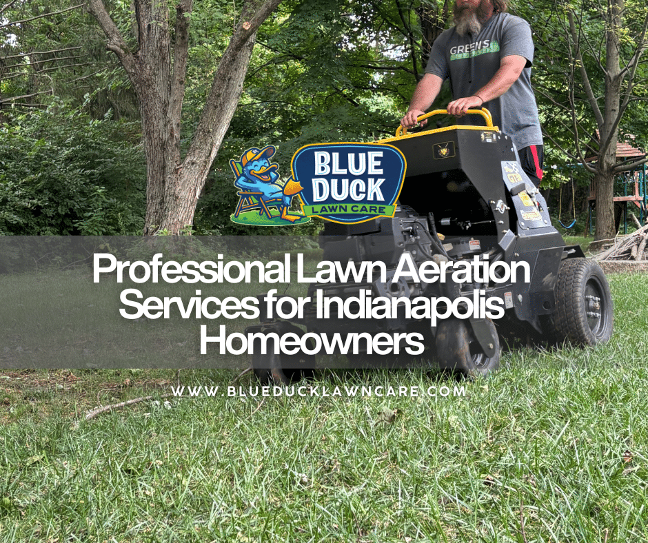 Blue Duck Lawn Care technician performing professional lawn aeration using a commercial ride-on aerator for a homeowner in Indianapolis.
