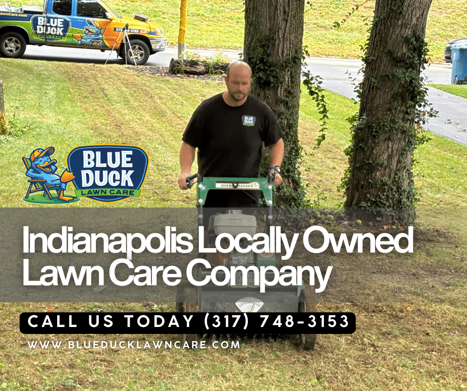 Blue Duck Lawn Care technician applying treatment representing an Indianapolis local company that knows local soil and weather.