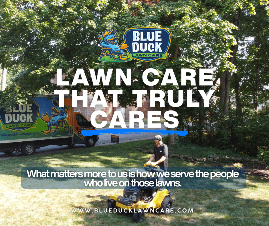 Blue Duck Lawn Care technician whose company supports youth through Lawn Mower Project demonstrating community focused lawn care in Indianapolis.