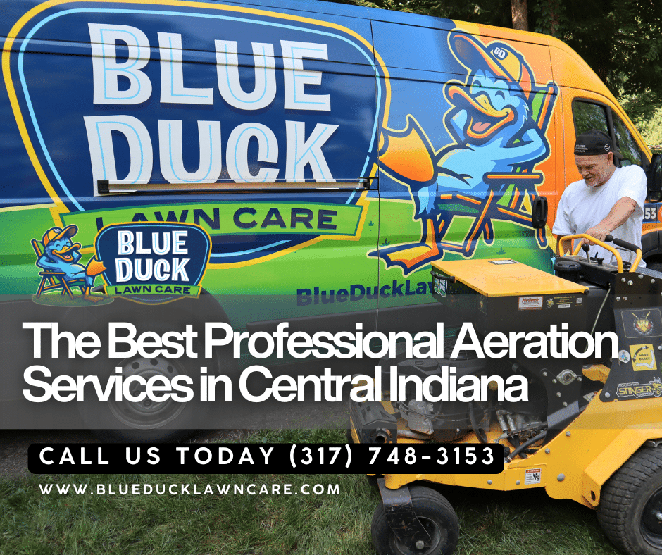 Blue Duck technician operating core aerator with company vehicle behind him fixing compacted soil for Indianapolis lawn