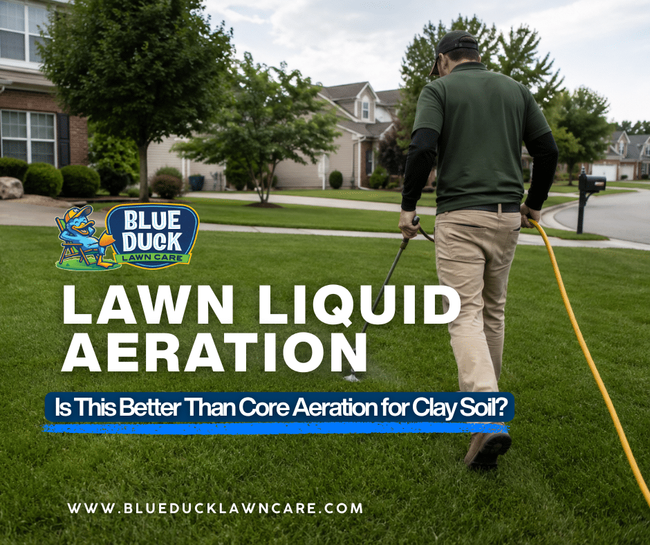 Blue Duck Lawn Care technician applying lawn liquid aeration to clay soil in Indianapolis lawn.