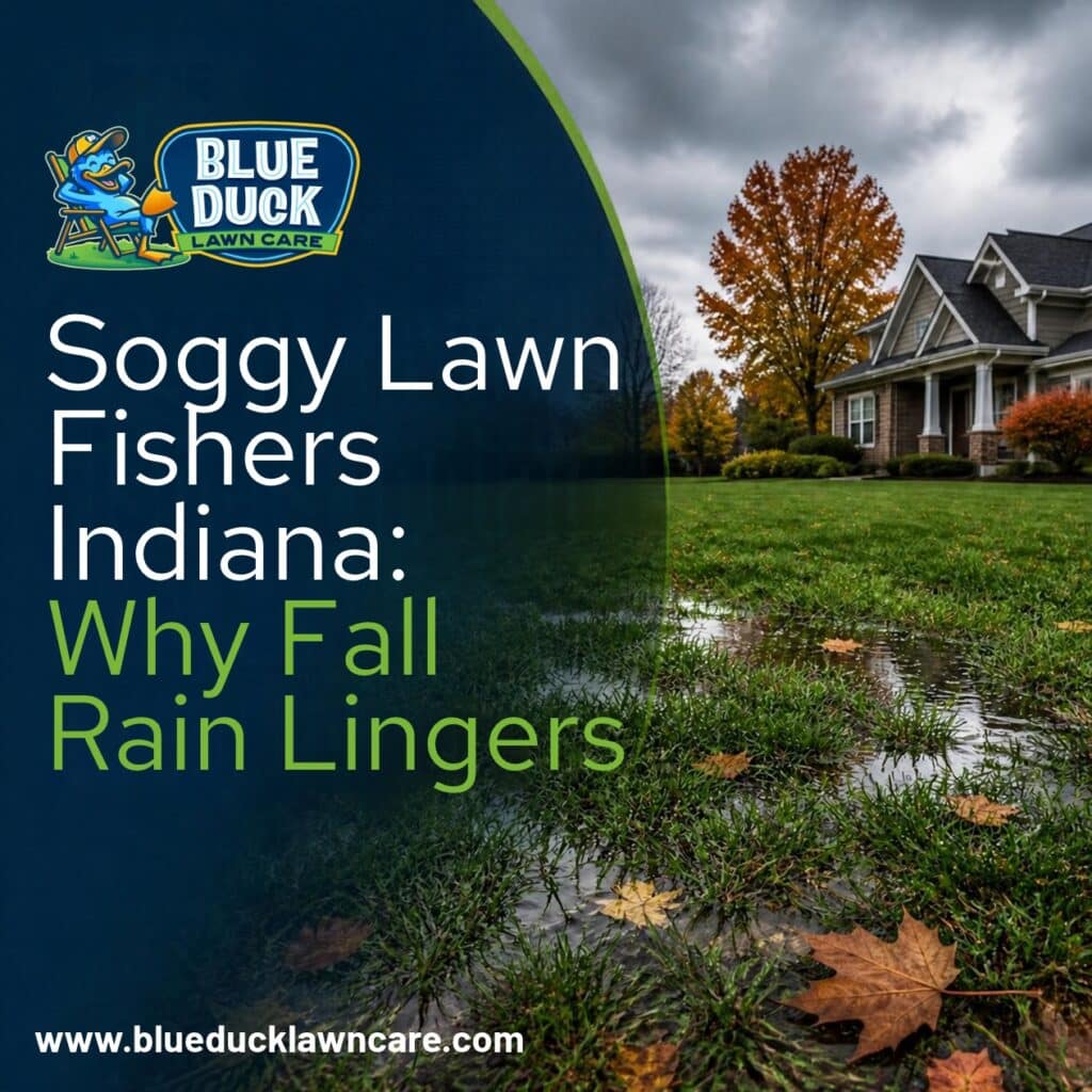 Soggy lawn Fishers Indiana after fall rain showing wet grass and poor drainage