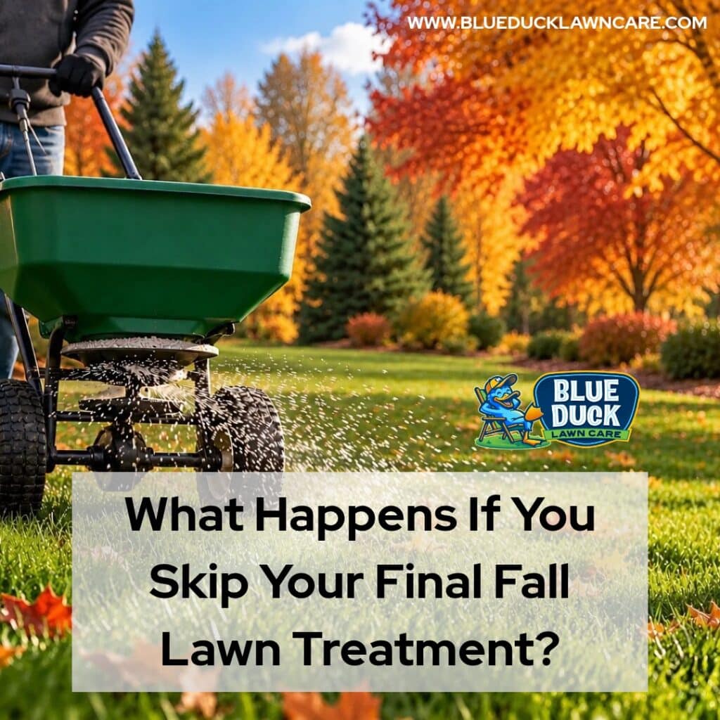 Final fall lawn treatment in Greenwood Indiana showing a residential lawn being prepared for winter with professional seasonal lawn care.
