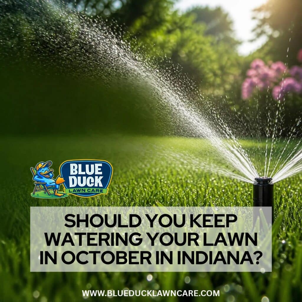 Watering lawn in October Indiana during fall to maintain healthy grass and prepare the lawn for winter.
